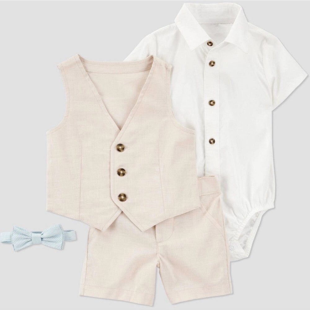 Carter’s Vest Shorts Easter Toddler Boy Set beige linen like with Bow Tie 12m